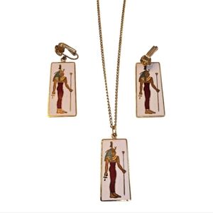 ERM Egyptian Revival Jewelry White Enamel Goldtone Earring Necklace Set